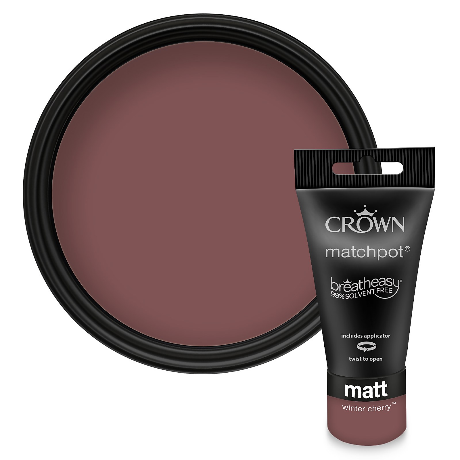 Crown Walls and Ceilings Matt Emulsion Paint in Winter Cherry, featuring a dark burgundy color in a round container with a black lid and a squeeze tube for easy application.