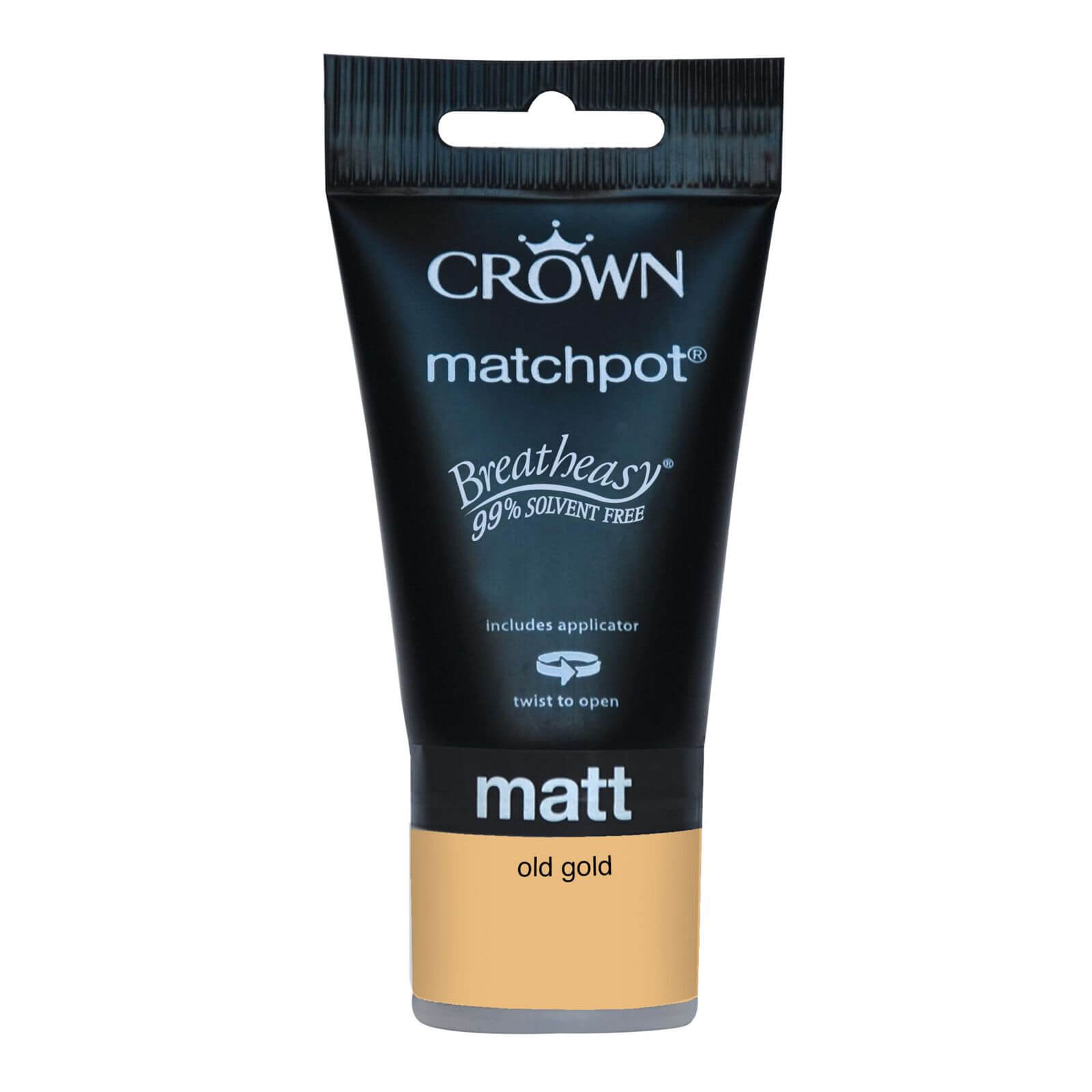 Crown Walls and Ceilings Matt Emulsion Paint sample in Old Gold, 40ml tube with a black cap, featuring a twist-to-open applicator and "Breatheasy" label.