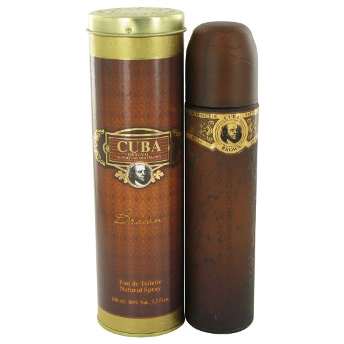 Cuba Brown Cologne for Men features a sleek brown cylindrical bottle with a gold emblem, packaged in a matching decorative tube with a textured design.