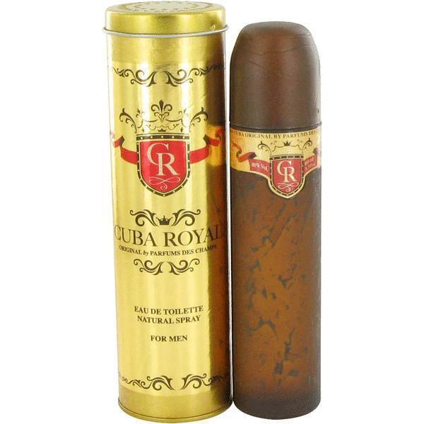 Cuba Royal for Men Eau De Toilette Spray in a brown cylindrical bottle, housed in a gold tin with red and black accents, featuring a crest logo and elegant typography.