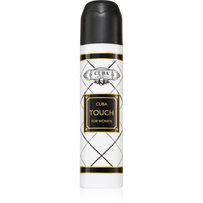 White cylindrical spray bottle with a black cap, featuring a gold and black label that reads "CUBA TOUCH FOR WOMEN" in elegant font.