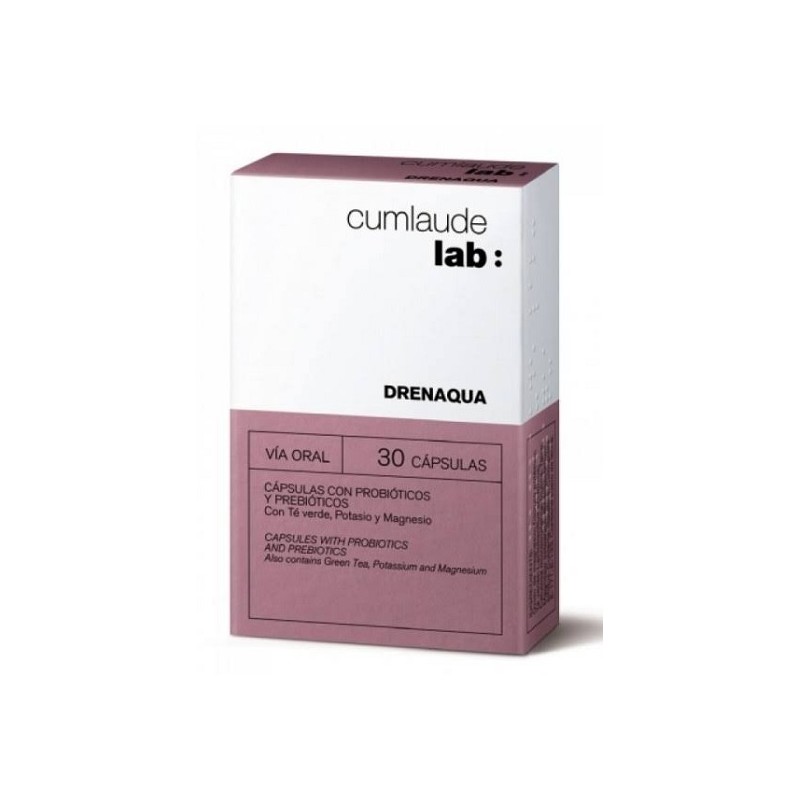 White and pink box packaging for Cumlaude Drenaqua Capsules, featuring the brand name and product details, with a total of 30 capsules highlighted on the front.