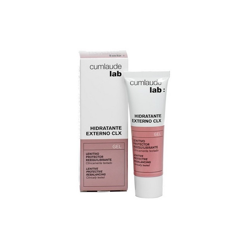 White tube with a pink label, featuring "Cumlaude lab" and "Hidratante Externo CLX" in bold text, alongside a white box with similar branding, both designed for external moisturizing.