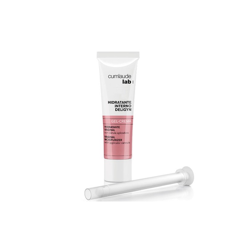 Rilastil Cumlaude Deligyn Ph7 Internal Moisturizer in a 30 ml white tube with pink accents, accompanied by a clear applicator for precise use.