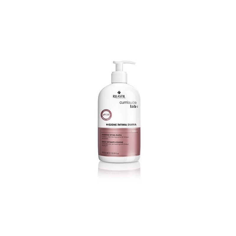 White plastic bottle with a pump dispenser, labeled "Daily Intimate Hygiene Gel 500 Ml" by Cumlaude Lab, featuring a pink and white design.