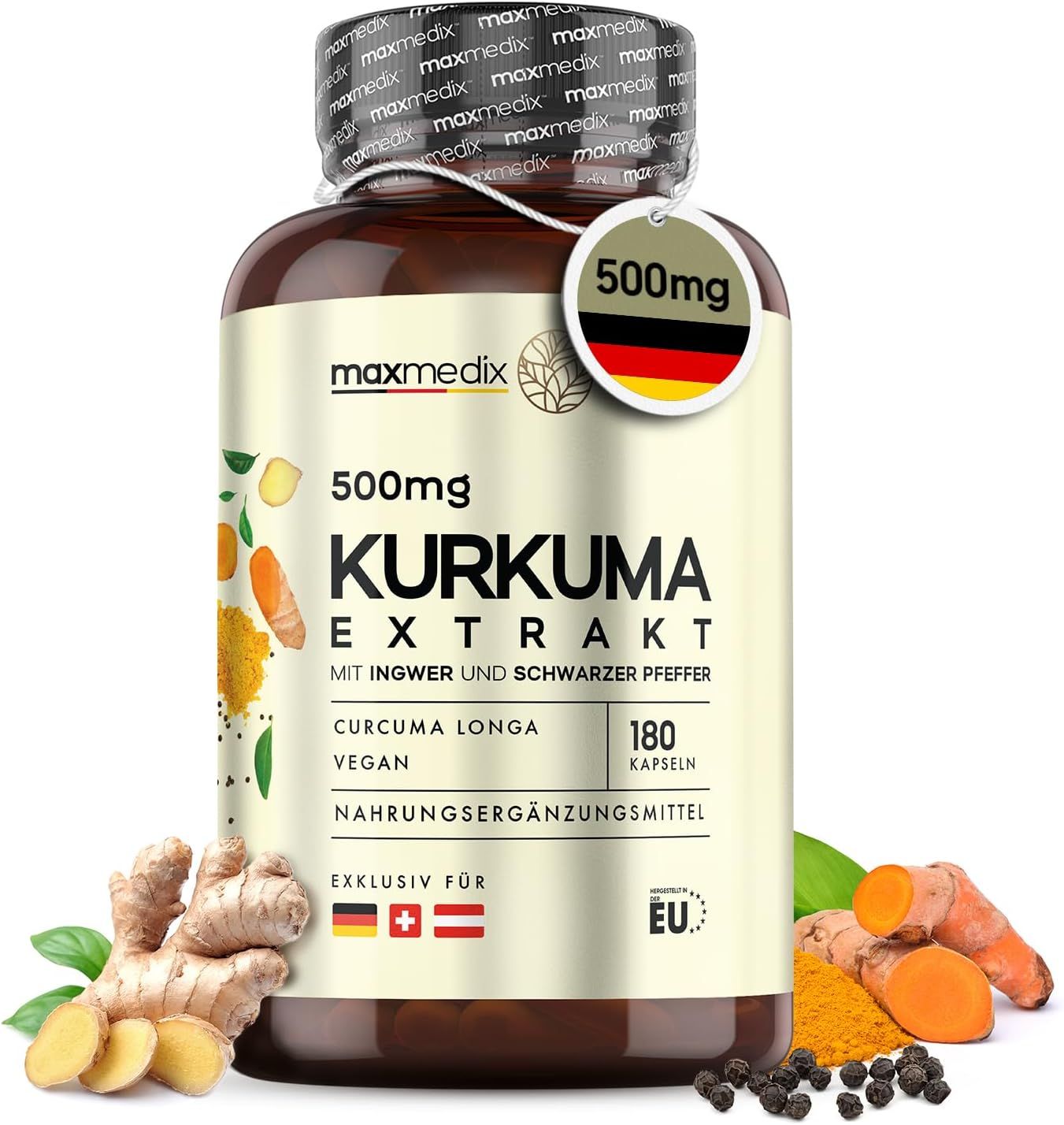 Brown plastic bottle containing 180 capsules of curcumin with ginger and black pepper, labeled in German and English, featuring vibrant turmeric and ginger illustrations on the front.
