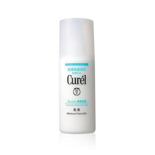 Curel 4 Oz Intensive Moisture Care Milk Facial Lotion in a sleek, white plastic bottle with a pump dispenser, featuring a minimalist design and blue logo.
