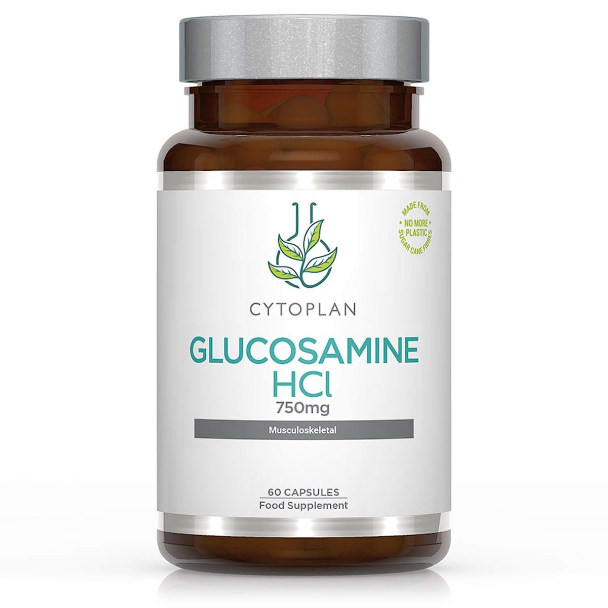 Brown glass bottle with a silver cap, labeled "Cytoplan Glucosamine HCl 750mg," containing 60 capsules, emphasizing its role as a musculoskeletal food supplement.