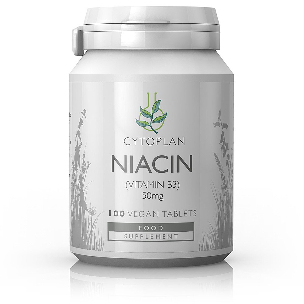 White cylindrical container with a silver lid, labeled "Cytoplan Niacin (Vitamin B3) 50mg," containing 100 vegan tablets, featuring a green logo and a simple design.