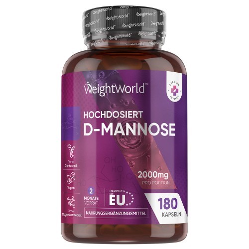 Brown plastic bottle with a purple and white label, featuring "D-Mannose 2000 Mg" and "180 Capsules" prominently, designed for urinary tract health by WeightWorld UK.
