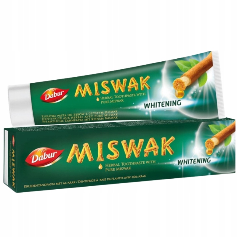 Green and white toothpaste tube with "MISWAK" prominently displayed, featuring a cinnamon stick graphic, packed in a matching green box, highlighting herbal and whitening benefits.