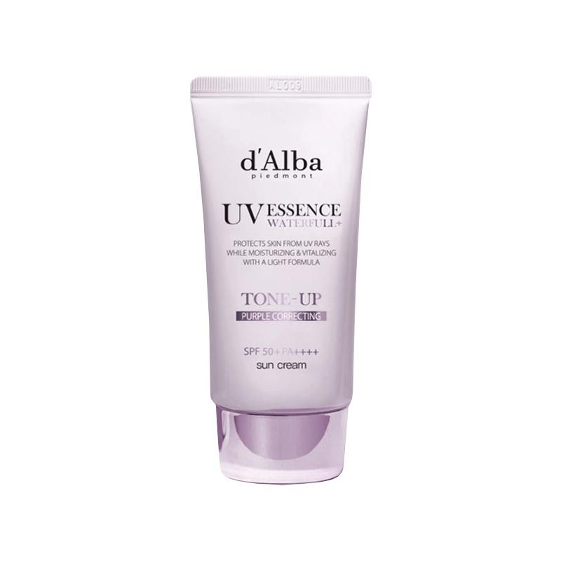 Purple tube of D'Alba Waterfull Tone-up Sun Cream, 50ml, featuring SPF50+ PA++++ protection, with a sleek design and clear labeling of key features.