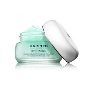 A light blue gel mask in a transparent jar with a silver lid, labeled "Darphin Hydraskin Cooling Hydrating Gel Mask 50 Ml," showcasing its refreshing texture.