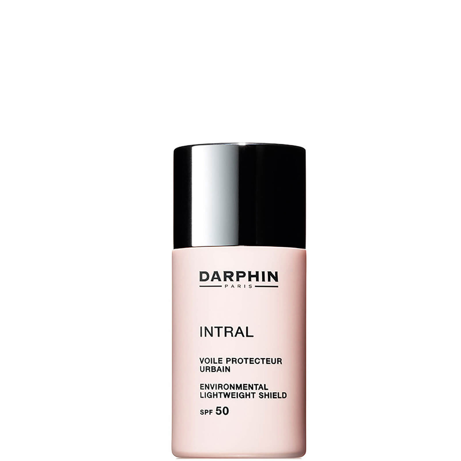 Darphin Intral Lightweight Shield SPF 50 face cream in a sleek pink bottle with a black cap, featuring clear labeling of product name and SPF protection.