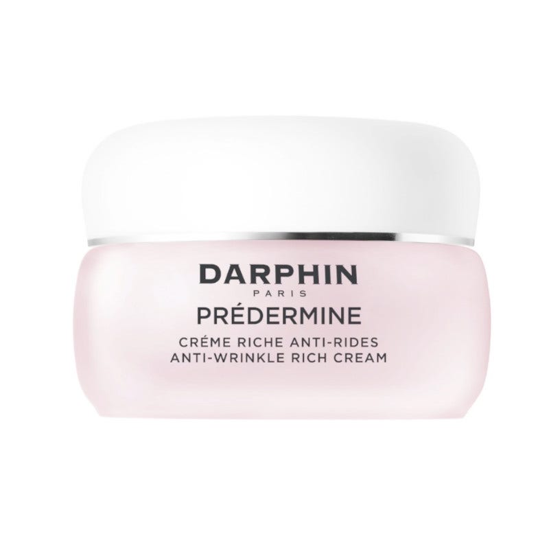 A light pink jar with a white lid, labeled "DARPHIN PRÉDERMINE" in black text, containing 50 ml of rich anti-wrinkle cream for dry skin.