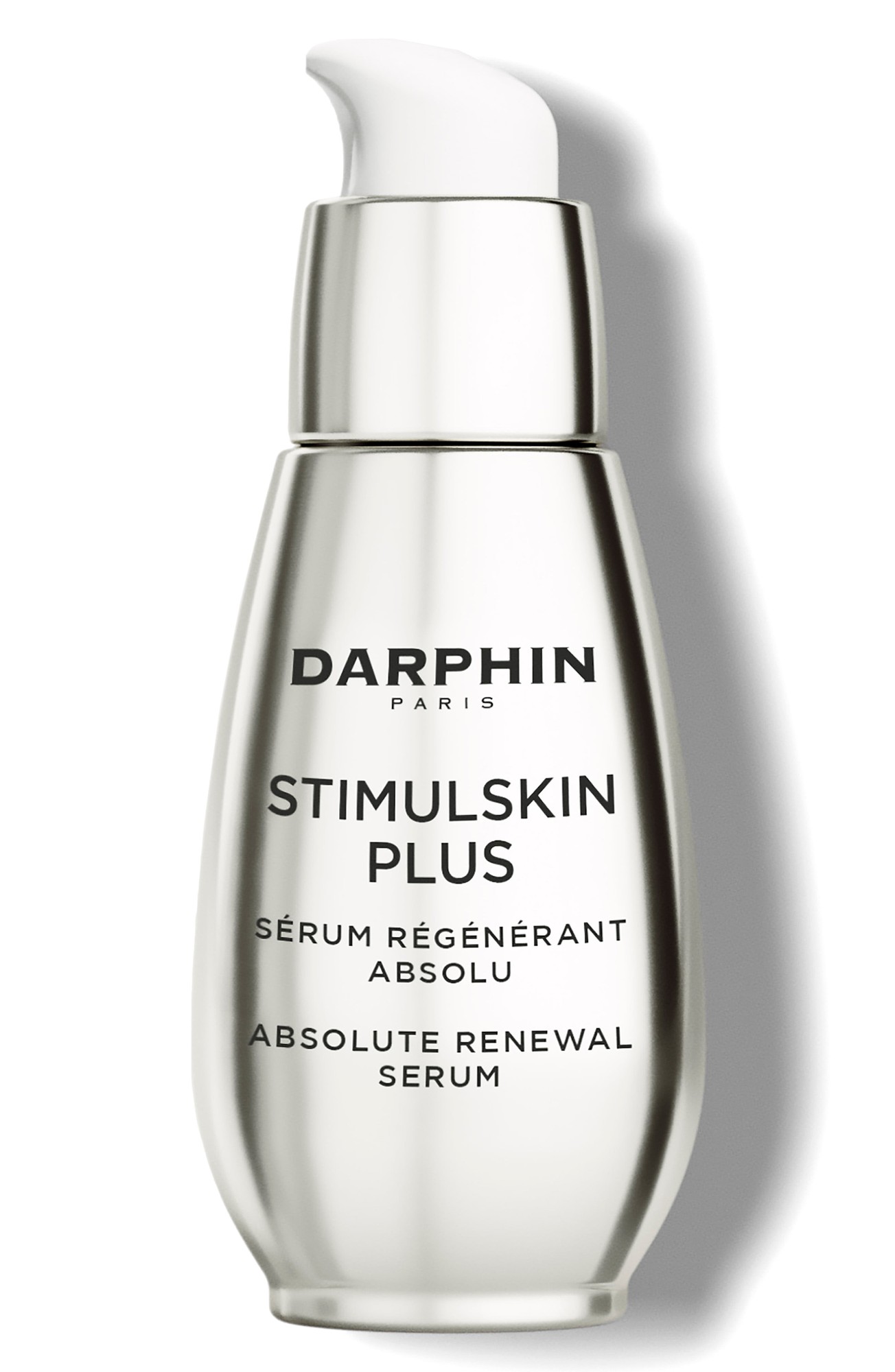 Silver and white bottle of Darphin's Stimulskin Plus Absolute Renewal Serum, featuring a sleek design and a pump dispenser, labeled in elegant black and gold text.