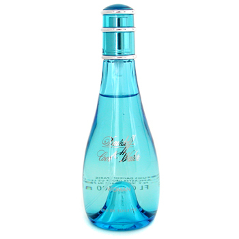Clear blue glass bottle of Davidoff Cool Water Woman EDT, featuring a silver cap, alongside a white and blue 75ml body lotion tube in a gift set.