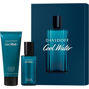 Davidoff Cool Water gift set featuring a 1.3 oz blue glass Eau de Toilette spray and a 2.5 oz matching blue shower gel, presented in a sleek blue box with white branding.