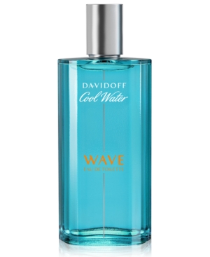 Transparent blue glass bottle with a silver cap, featuring "Davidoff Cool Water" and "WAVE" in white and orange text, holding 125ml of EDT spray.