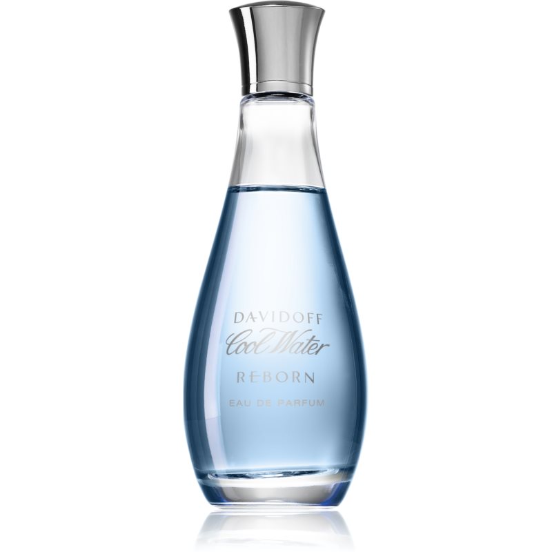 Clear glass bottle with a teardrop shape, featuring a silver cap and light blue liquid inside, labeled "Davidoff Cool Water Reborn Eau De Parfum for Women - 100 Ml."