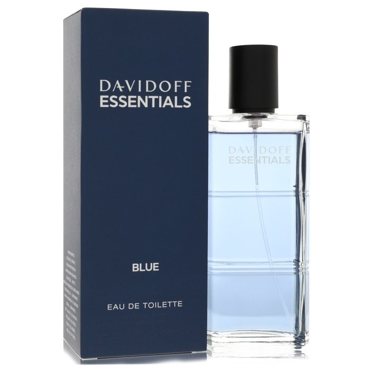 Clear glass bottle with a blue liquid, featuring a sleek design and a black cap, alongside a navy blue box labeled "Davidoff Essentials Blue Eau De Toilette 110ml."