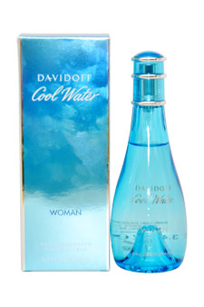 Light blue glass deodorant bottle with a curved shape, featuring a silver cap, alongside a matching blue and silver box, labeled "Davidoff Cool Water Woman."
