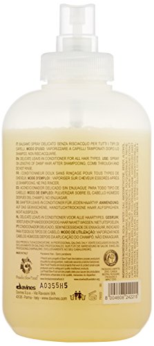 Clear plastic bottle of Davines DEDE Hair Mist, 8.4 oz, featuring a white spray nozzle and a light yellow liquid, with product details printed in multiple languages on the back.