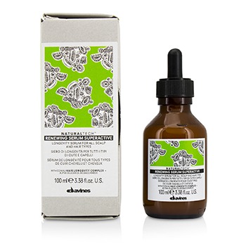 Brown glass bottle with a dropper, containing 100ml of Davines Naturaltech Renewing Serum, packaged in a grey box featuring a vibrant green floral design.