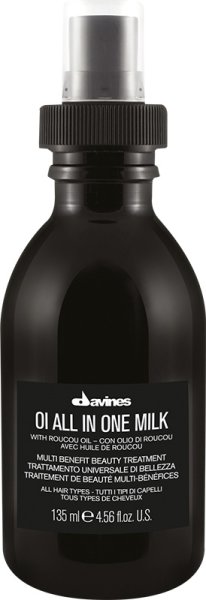 Black spray bottle with a sleek design, labeled "Oi All in One Milk" by Davines, featuring a white text description and a capacity of 135 ml, ideal for all hair types.
