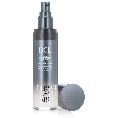 DCL AHA Resurfacing Lotion 8 in a sleek, gradient bottle with a matte black pump and silver accents, designed for skin refinement and revitalization.