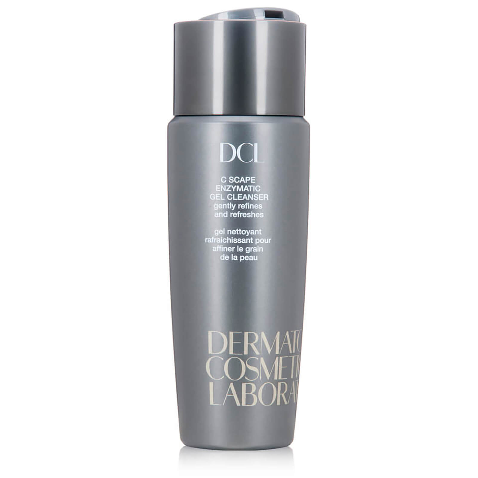 Gray bottle with a sleek design, featuring a pump top, labeled "DCL C Scape Enzymatic Gel Cleanser" with details on sugar fruit enzymes and vitamins C/B5, 6.7 fl oz.