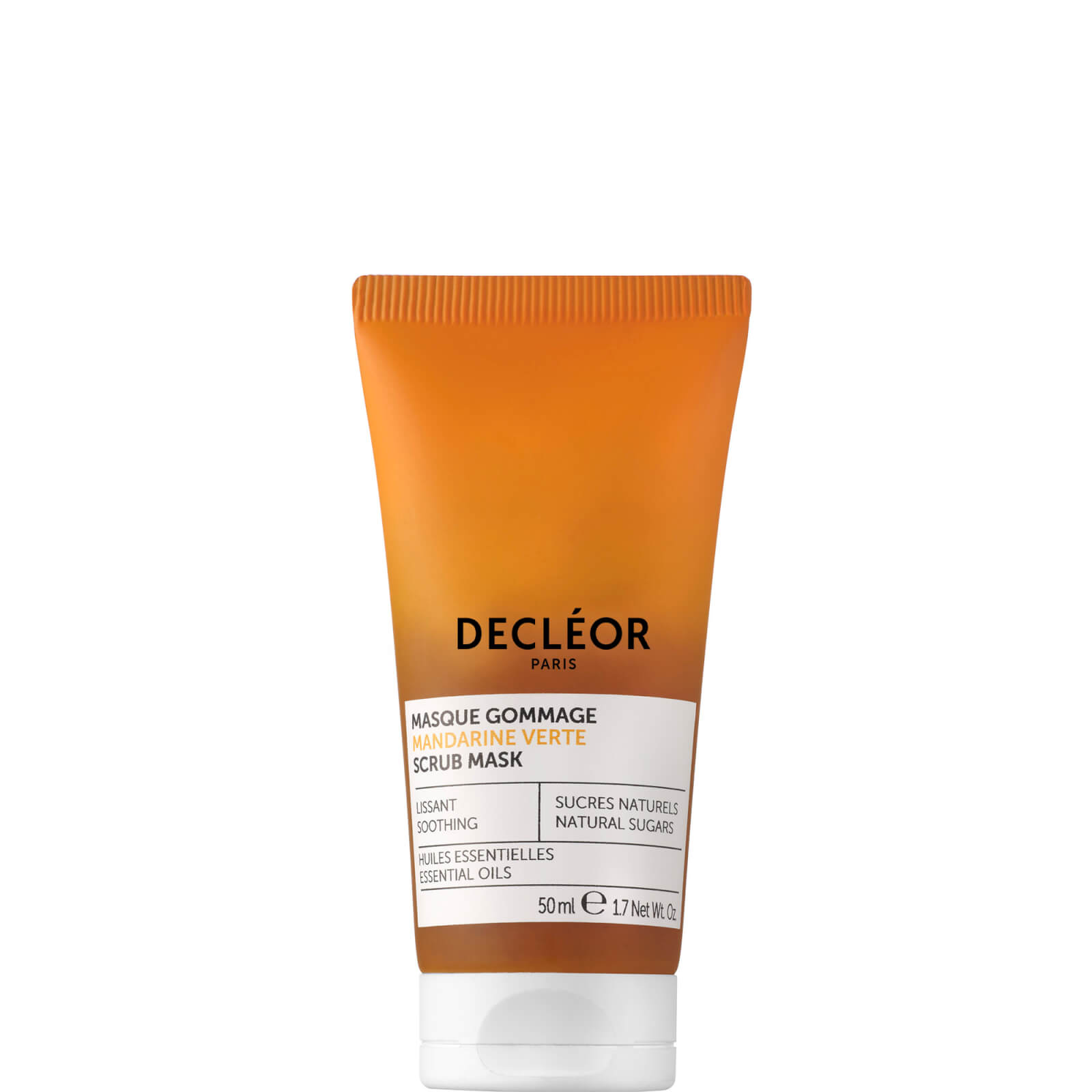 Orange tube of Decléor 277778 1.7 Oz Green Mandarin Glow Scrub Mask, featuring a white label with product details and a sleek design.