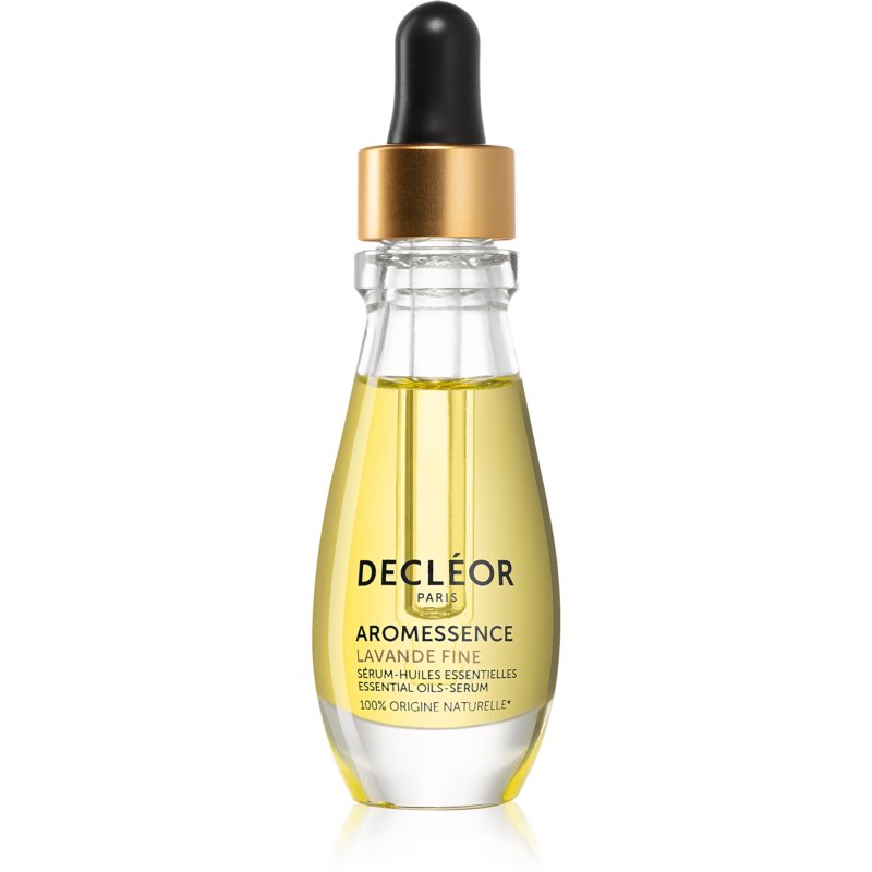 Clear glass dropper bottle with a gold cap, containing a yellow essential oil serum labeled "Decléor Aromessence Lavande Fine" in black text, showcasing a sleek and elegant design.