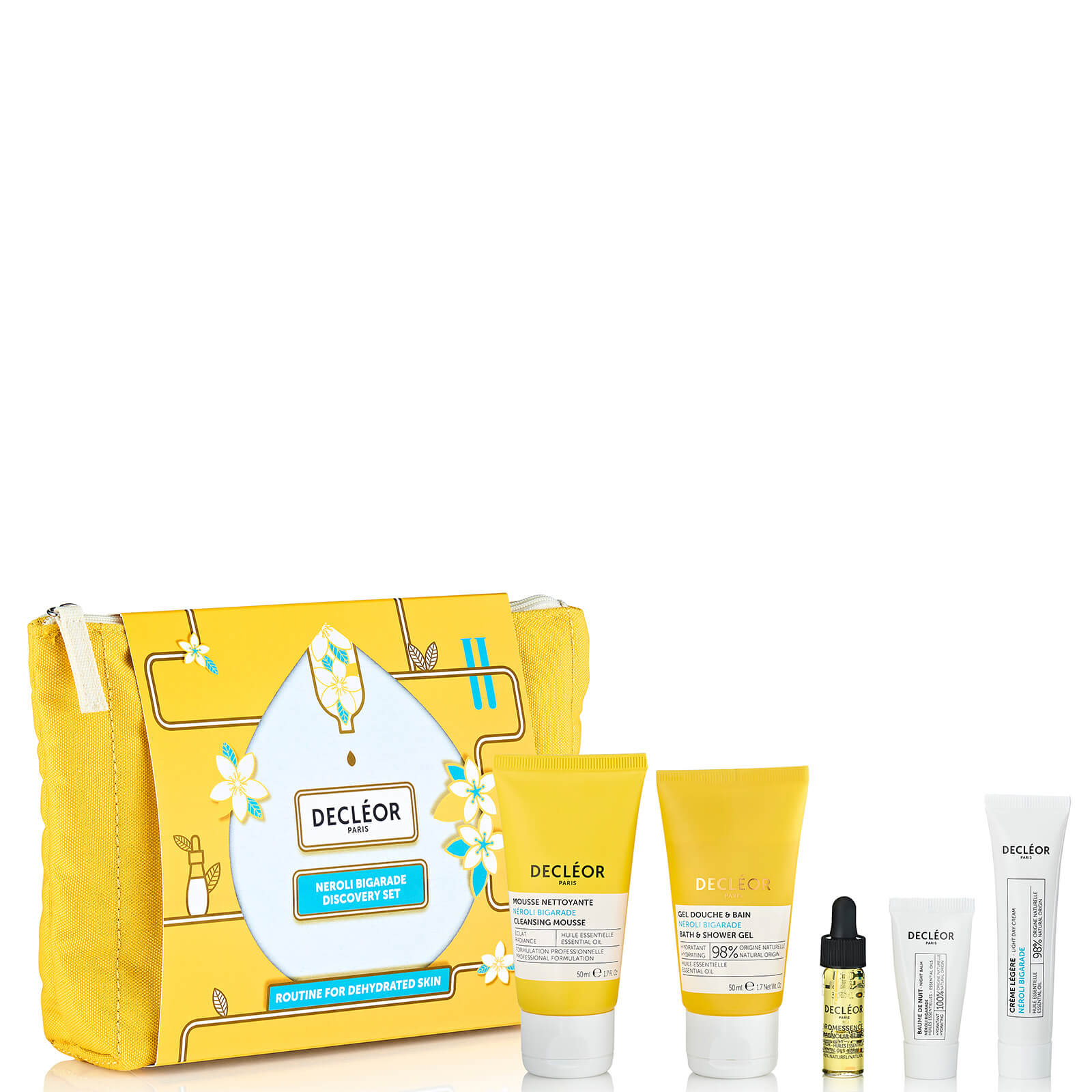 Yellow zippered pouch containing Decléor skincare products: two yellow tubes, a dropper bottle, and two small jars, all labeled for hydration and nourishment.