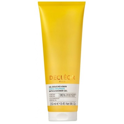 Bright yellow tube of Decléor Nroli Bigarade Hydrating Bath & Shower Gel, 250ml, featuring a white label with product details and a sleek, modern design.