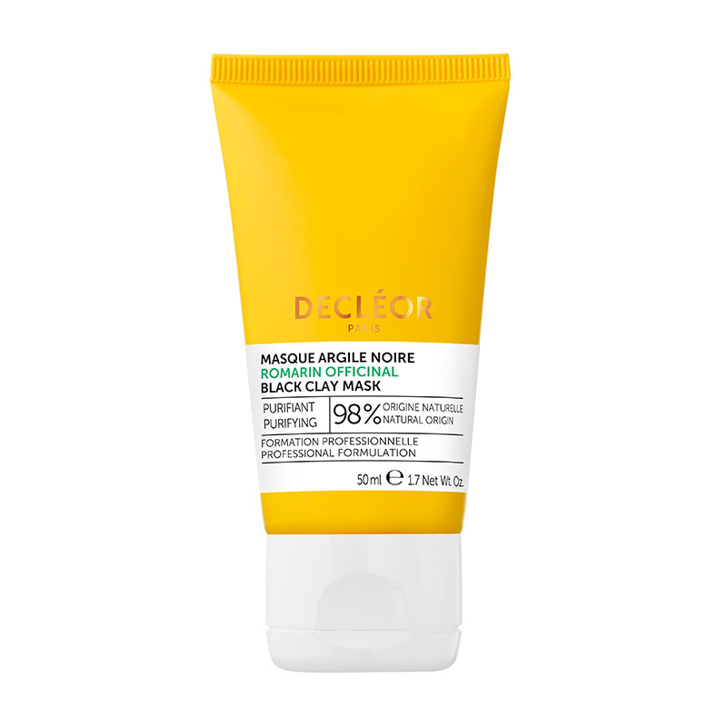 Yellow tube of Decléor Unisex Romarin Officinal Black Clay Mask, 50 ml, featuring a white label with brand name and product details, emphasizing its purifying and natural formulation.
