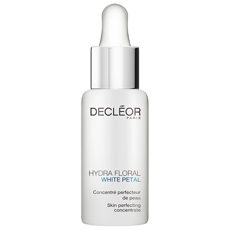 White glass bottle with a dropper cap, labeled "Decléor" in black text, featuring "Sweet Orange Skin Perfecting Concentrate" and a sleek, minimalist design.
