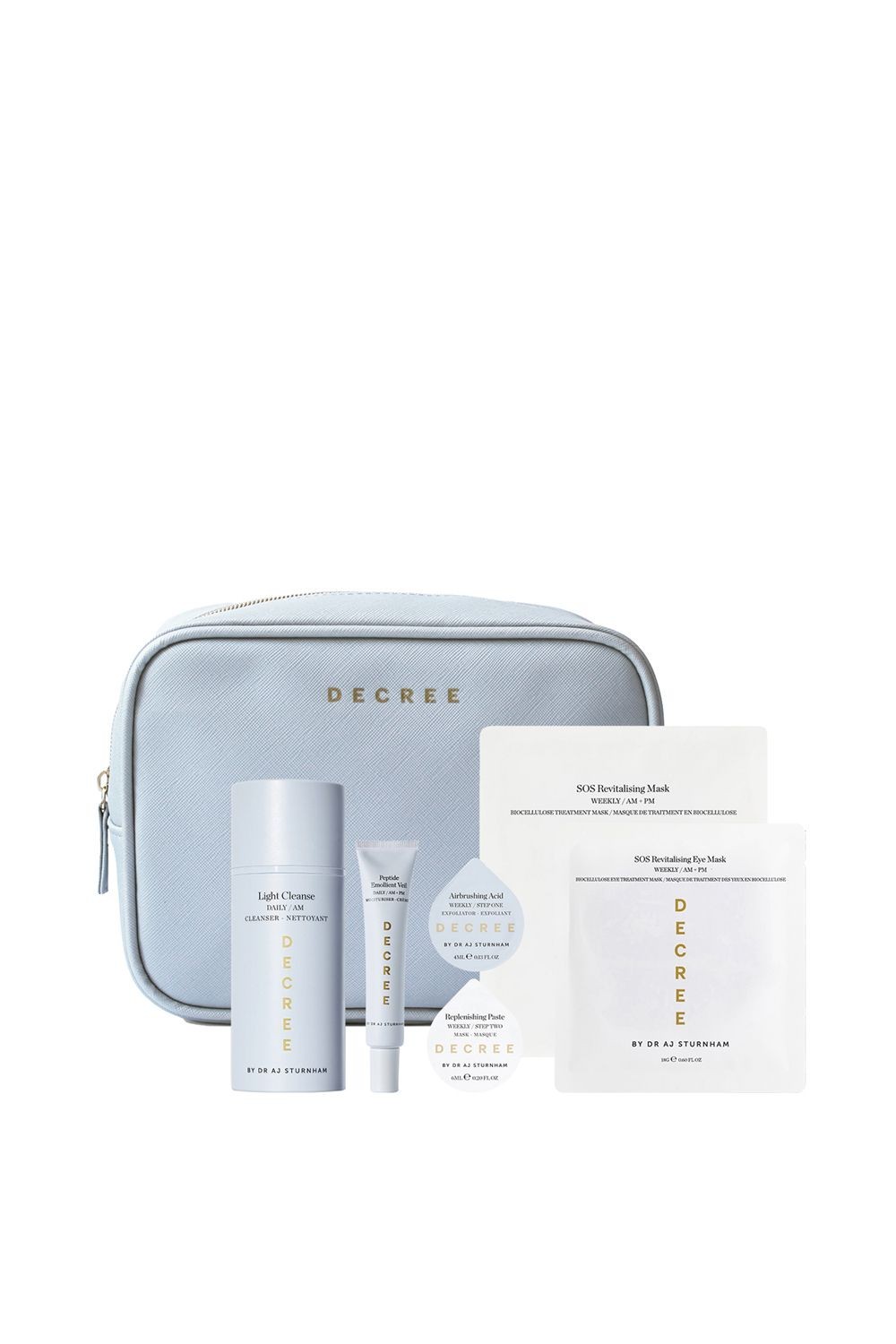 Light blue cosmetic bag with gold lettering, containing a cleanser, eye cream, and two sheet masks, all featuring sleek, modern packaging.