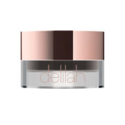 Delilah Cosmetics Gel Brow and Eye Liner in Ebony features a sleek glass jar with a rose gold lid, showcasing a rich, dark gel formula ideal for defining brows and eyes.