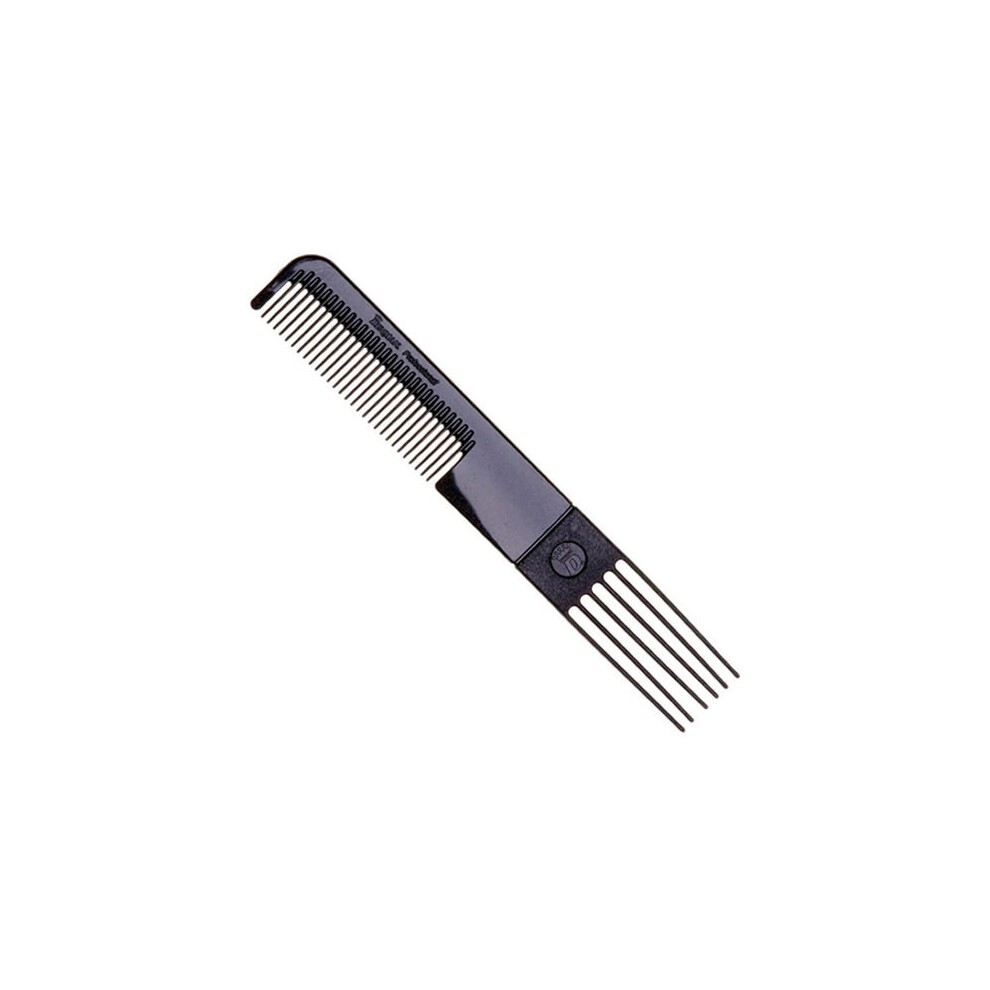 Black Denman D26 styling comb, 200 mm long, featuring a mix of wide and fine teeth for versatile styling and detangling, made from durable plastic.