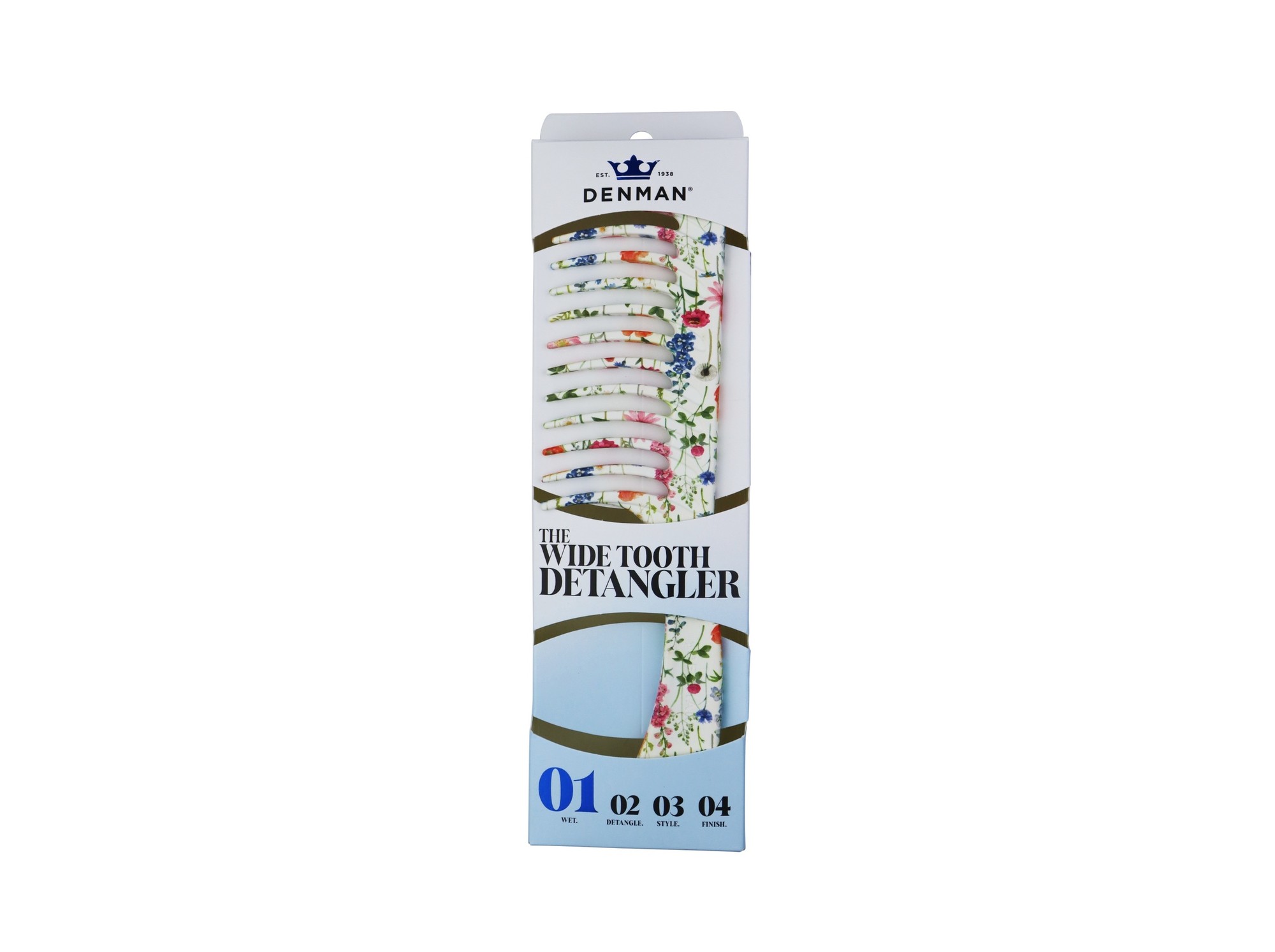 Wide tooth detangler comb in floral design, featuring multicolored tips, packaged in a sleek white box with blue and black accents, labeled with numbers 01, 02, 03, and 04.