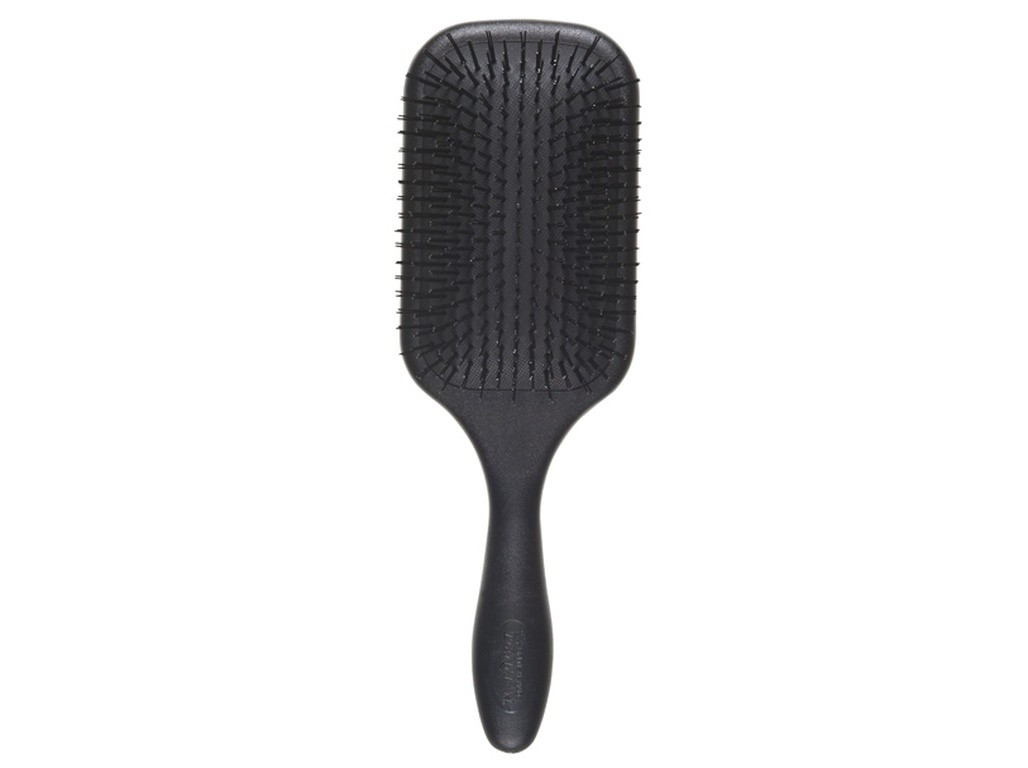 Black Denman D90L paddle brush with a wide, flat head, flexible bristles, and a sturdy handle designed for detangling and smoothing hair.