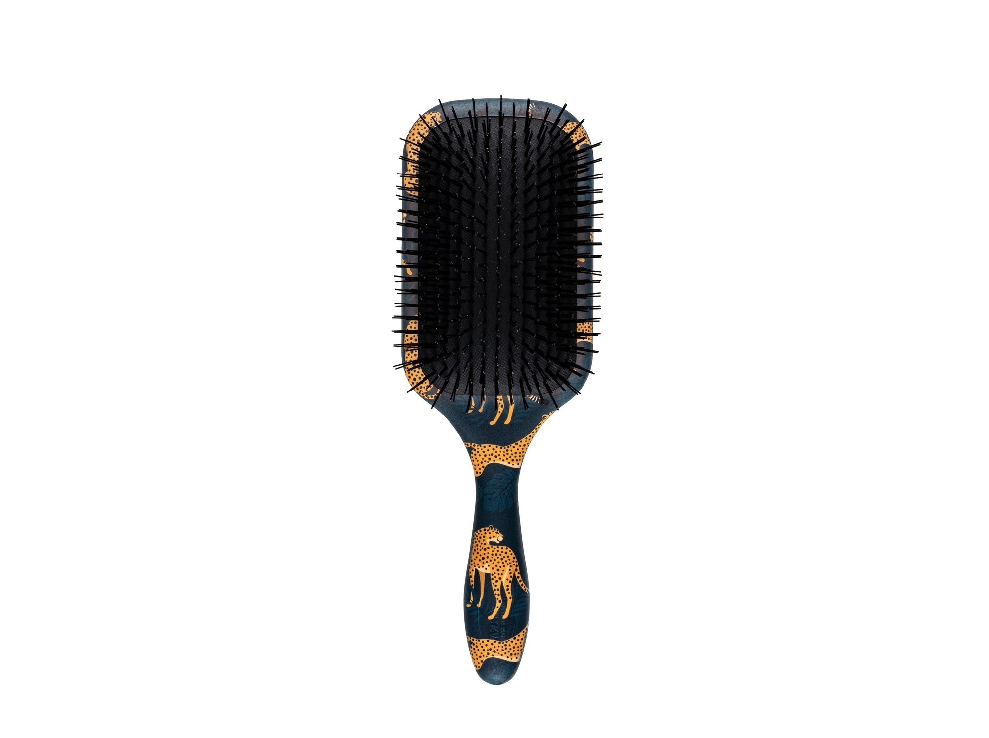 Denman D90L Wildcat hairbrush features a rectangular design with a black base, gold leopard print, and flexible nylon bristles for detangling hair.