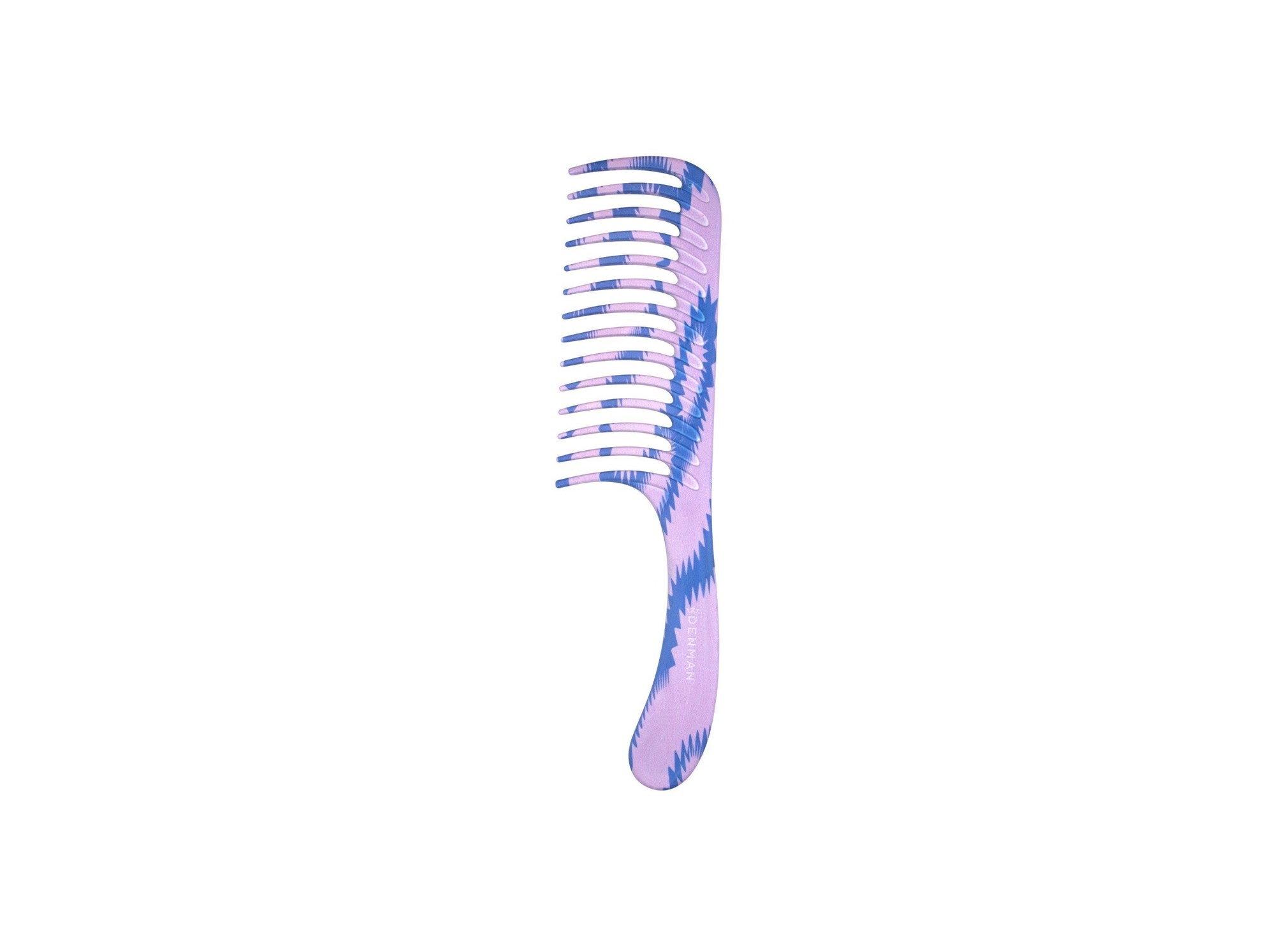 Lavender-colored Denman comb featuring a wavy design, made of durable plastic with wide teeth for detangling hair efficiently.