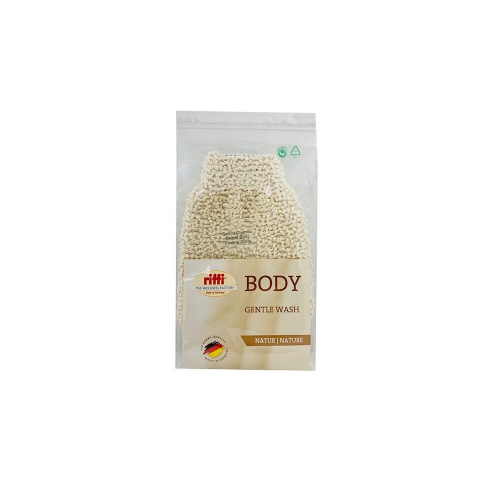 Cotton chenille body wash gloves in a soft beige color, packaged in a clear bag with a white label featuring "Riffi" and "Gentle Wash" branding.