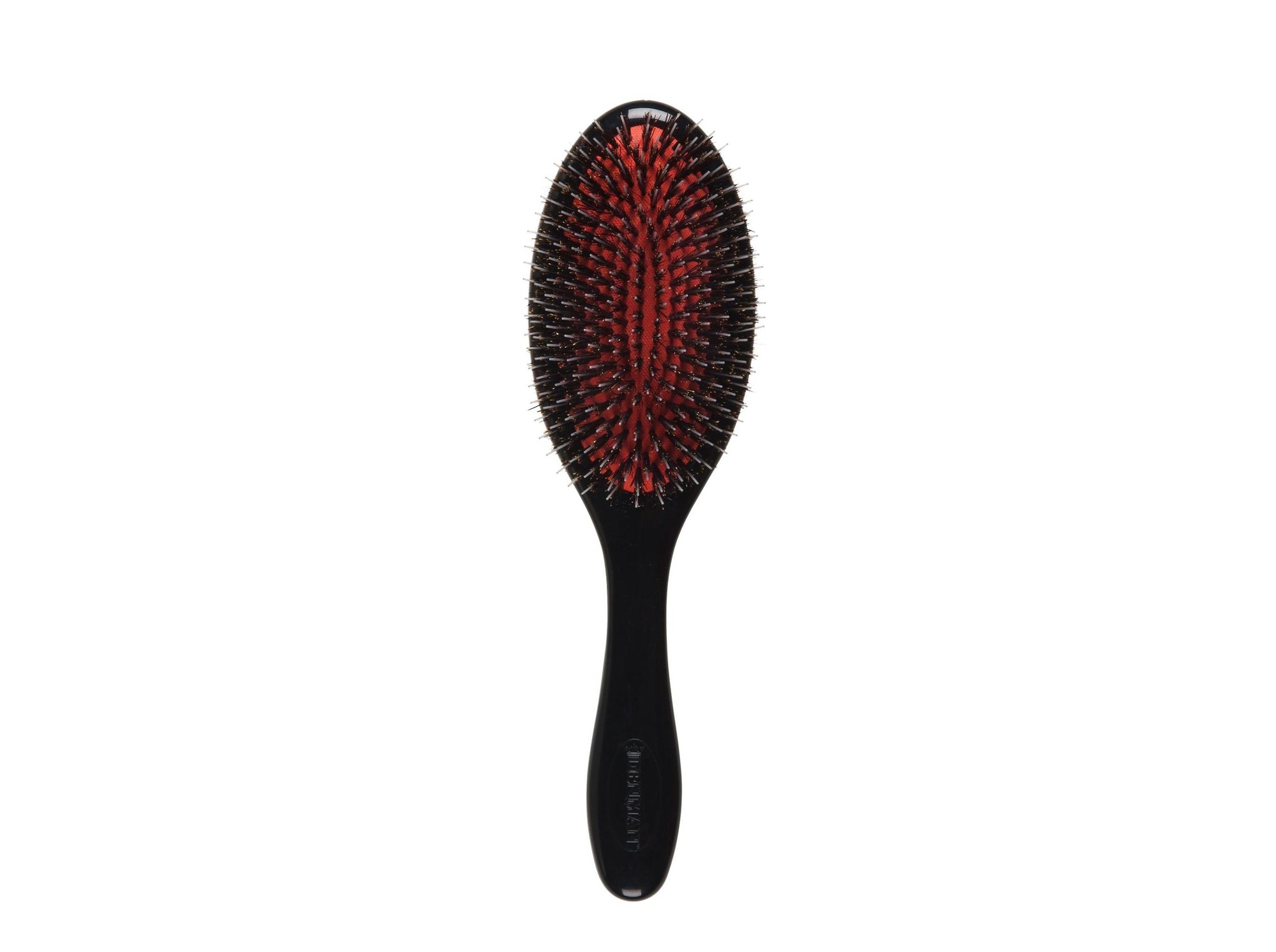 Black Denman D81m Finisher brush featuring an oval shape, red bristles, and a smooth handle, designed for styling and finishing hair.