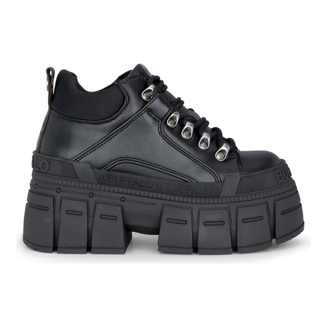 Women's black platform chunky ankle boots by Buffalo, featuring a sleek leather upper, prominent lacing, and a thick, textured sole for added height and style.