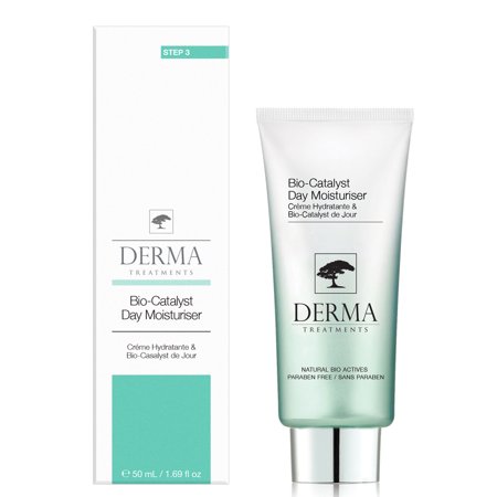 Derma Treatments Bio-Catalyst Day Moisturiser in a sleek white and green tube, featuring a silver cap, labeled with product details and a tree logo, 50ml size.