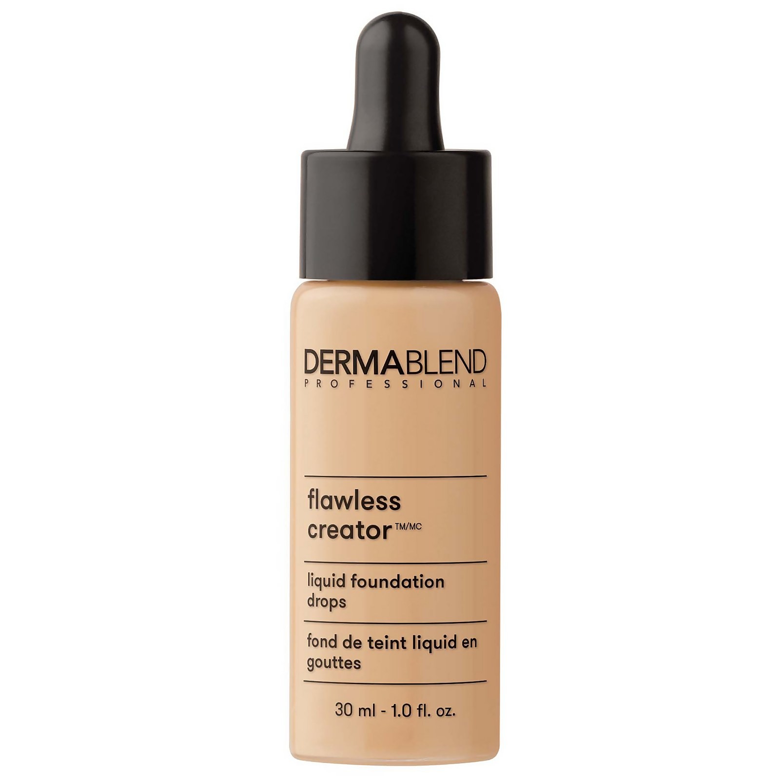 Dermablend Flawless Creator Multi-Use Liquid Foundation in a 1 Fl. Oz. glass dropper bottle, featuring a neutral beige shade with a black dropper cap and sleek branding.