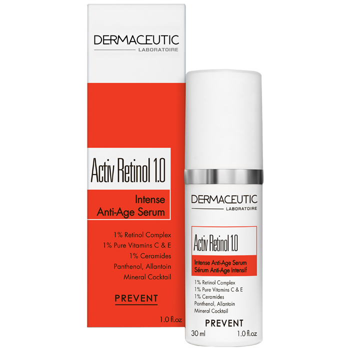 White and orange box with "Dermaceutic Activ Retinol 1.0" text, alongside a sleek white pump bottle featuring a red label, highlighting its anti-aging serum benefits.